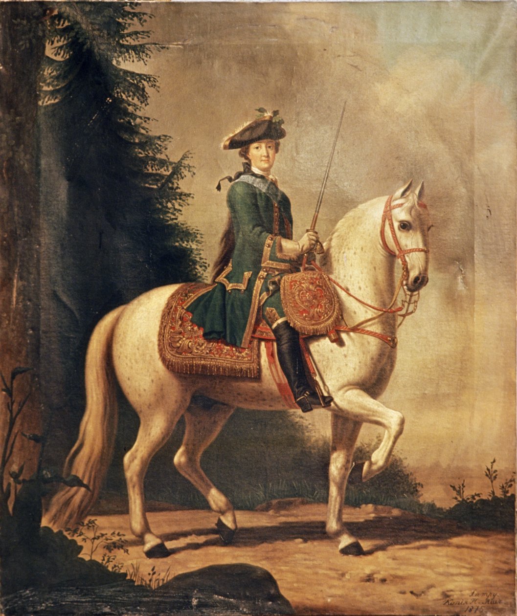 نسخة عام 1875 من لوحة لكاترين العظيمة على ظهور الخيل بواسطة V ، Eriksen ، 1762. بواسطة غير معروف