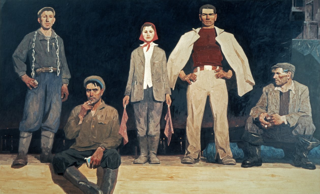 بناة براتسك 1957 لوحة فيكتور بوبكوف ، الواقعية الاشتراكية. بواسطة غير معروف
