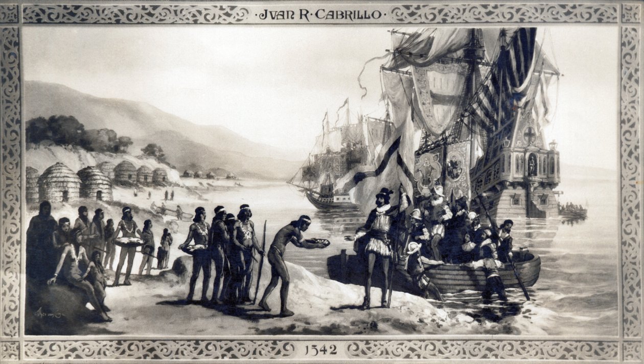 كاليفورنيا: 1542 لوحة تصور خوان رودريغيز كابريلو يجتمع مع السكان الأصليين على ساحل كاليفورنيا خلال بعثته. بواسطة غير معروف