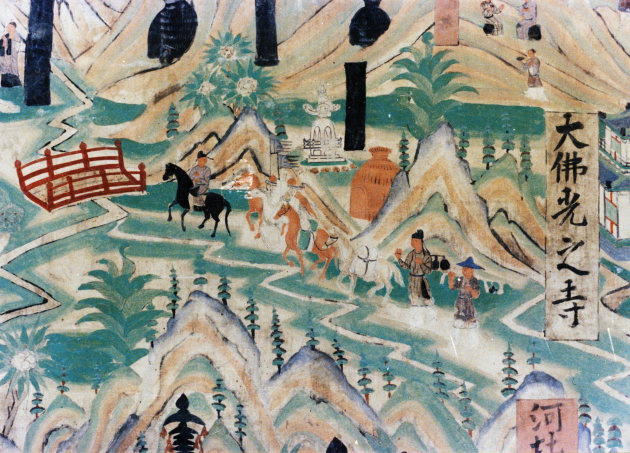 تفاصيل خريطة جبل ووتاي (Wutaishan) ، لوحة جدارية تم رسمها خلال السلالات الخمسة (907-960) في كهوف دونهوانغ ، تصور الحجاج المسافرين على طول الطريق بواسطة غير معروف