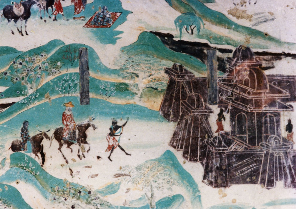 تفاصيل خريطة جبل ووتاي (Wutaishan) ، لوحة جدارية تم رسمها خلال السلالات الخمسة (907-960) في كهوف دونهوانغ ، تصور النمط المعماري النموذجي للمناطق الغربية بواسطة غير معروف