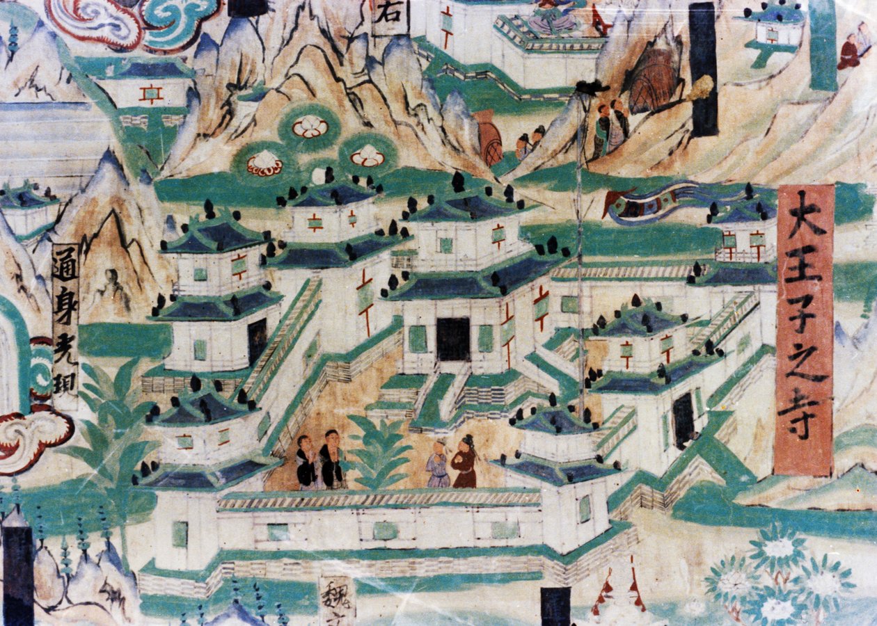 تفاصيل خريطة جبل ووتاي (Wutaishan) ، لوحة جدارية تم رسمها خلال السلالات الخمسة (907-960) في كهوف دونهوانغ ، تصور ديرًا بواسطة غير معروف