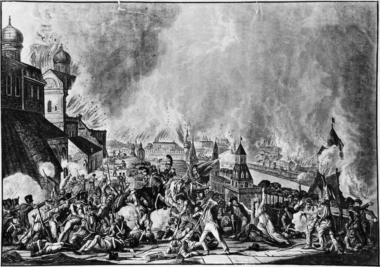 حرب نابليون عام 1812 ، حريق موسكو ، 15 سبتمبر 1812 من نقش على يد ل ، روجينداس (1813). بواسطة غير معروف