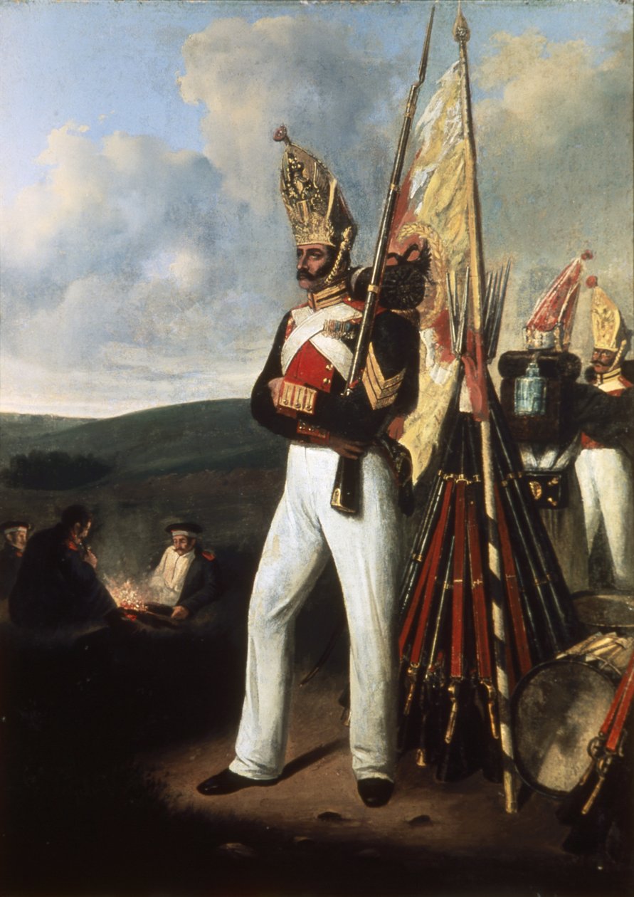 لوحة جندي مشاة من فوج بافلوفسكي الروسي في وقت معركة بورودينو خلال حرب عام 1812 مع نابليون. بواسطة غير معروف