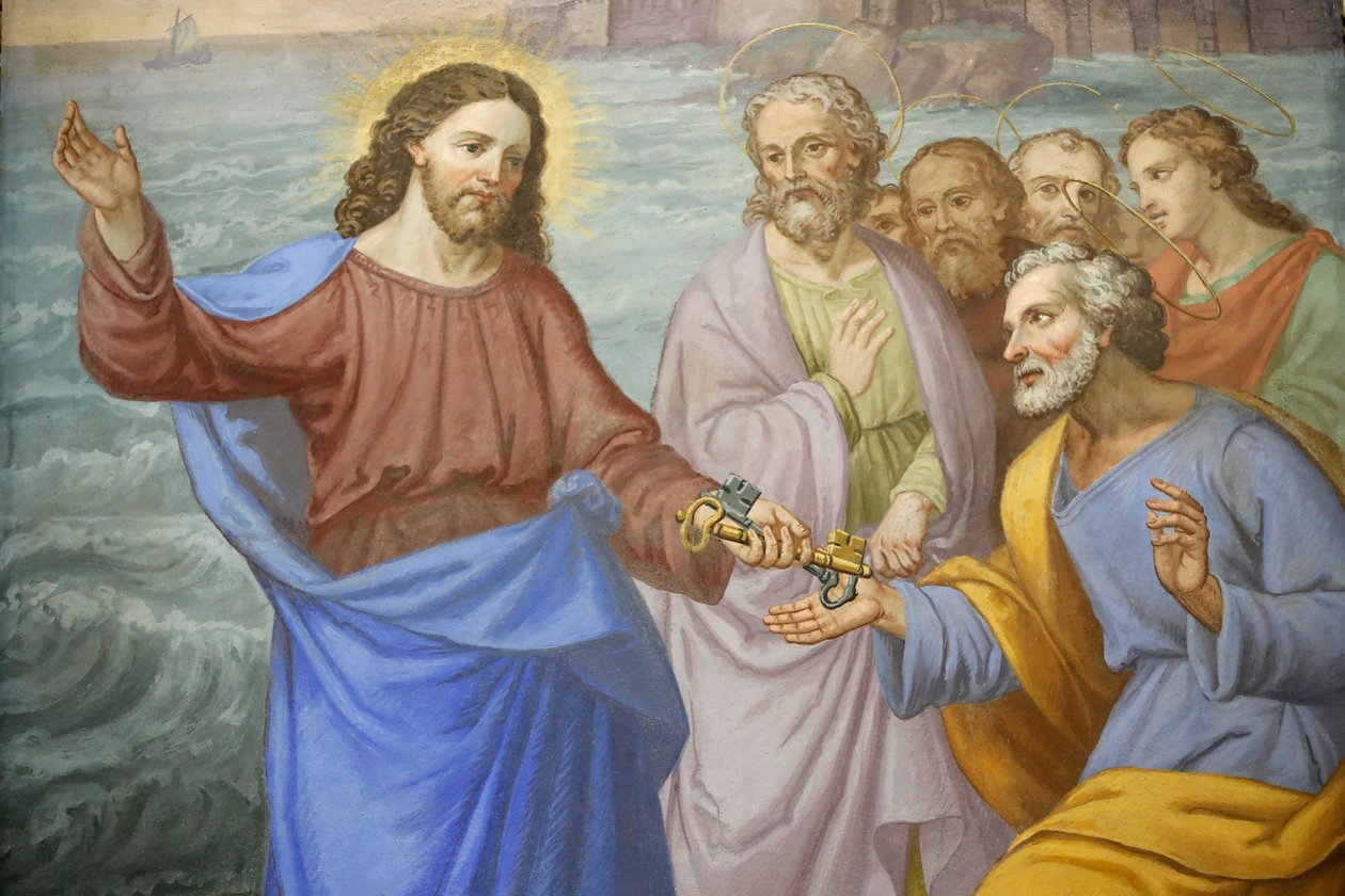 كنيسة القديس غرات ، لوحة ، المسيح يسلم المفاتيح للقديس بطرس ، فالجريسنشي ، إيطاليا بواسطة غير معروف