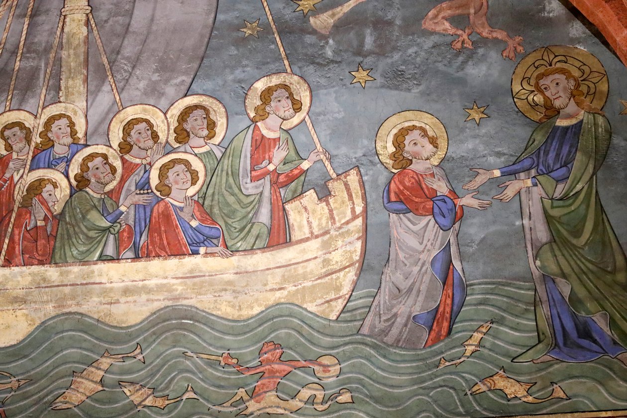 كنيسة Saint-Pierre-le-Jeune البروتستانتية ، بحيرة طبريا ، المسيح يمشي على الماء والقديس بطرس ، فريسكو ، ستراسبورغ ، فرنسا. بواسطة غير معروف