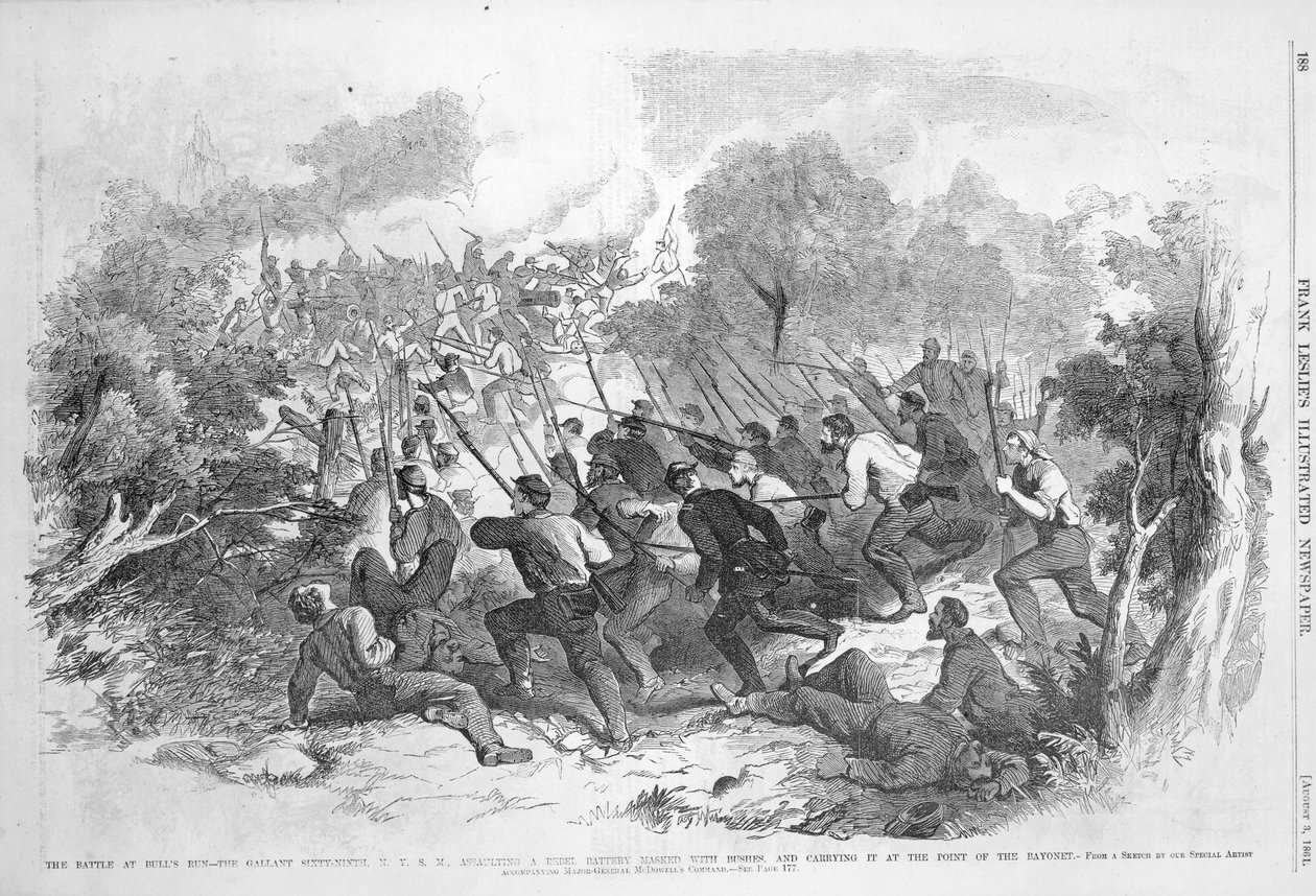 The Battle at Bull Run: The Gallant - Sixty Ninth NYSM الاعتداء على بطارية متمردين ملثمين بالشجيرات وحملها في نقطة حربة ، من `` Frank Franklielie Illustrated Newspaper &39;&39; ، أغسطس بواسطة المدرسة الأمريكية