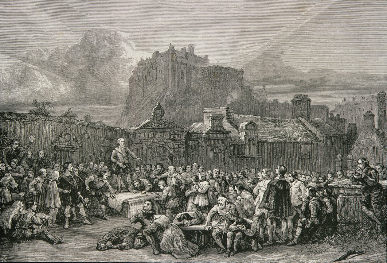 قوائم انتظار جماعية للتوقيع على العهد الوطني أمام كنيسة Greyfriar&39;s Churchyard ، إدنبرة عام 1638 ، من "الصور الاسكتلندية" التي نشرتها جمعية المسالك الدينية ، 1886 بواسطة مدرسة اللغة الإنجليزية