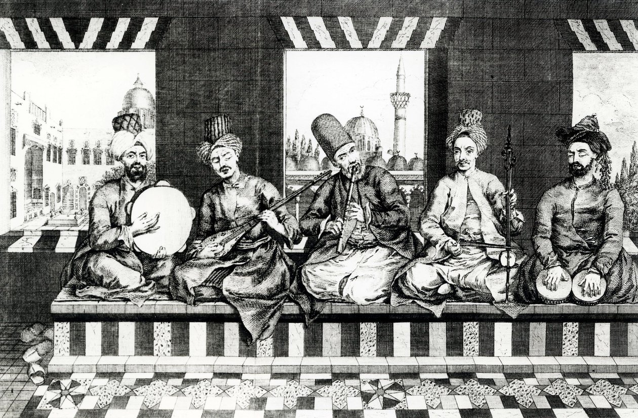 مجموعة من الموسيقيين الشرقيين (نقش) (صورة بالحجم الطبيعي) بواسطة مدرسة اللغة الإنجليزية