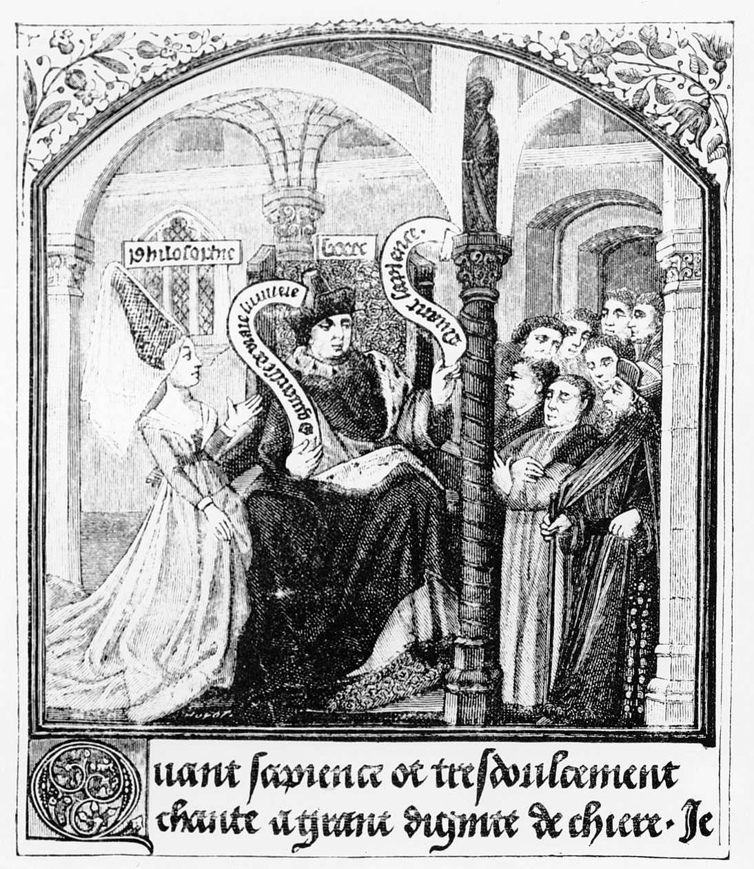 Boethius (480-524) يستشير فلسفة السيدة المصغرة من "De Consolatione da Philosophiae" ، ترجمة جان دي ميونغ ، التوضيح من "العلوم والأدب في العصور الوسطى والعصر بواسطة مدرسة اللغة الإنجليزية