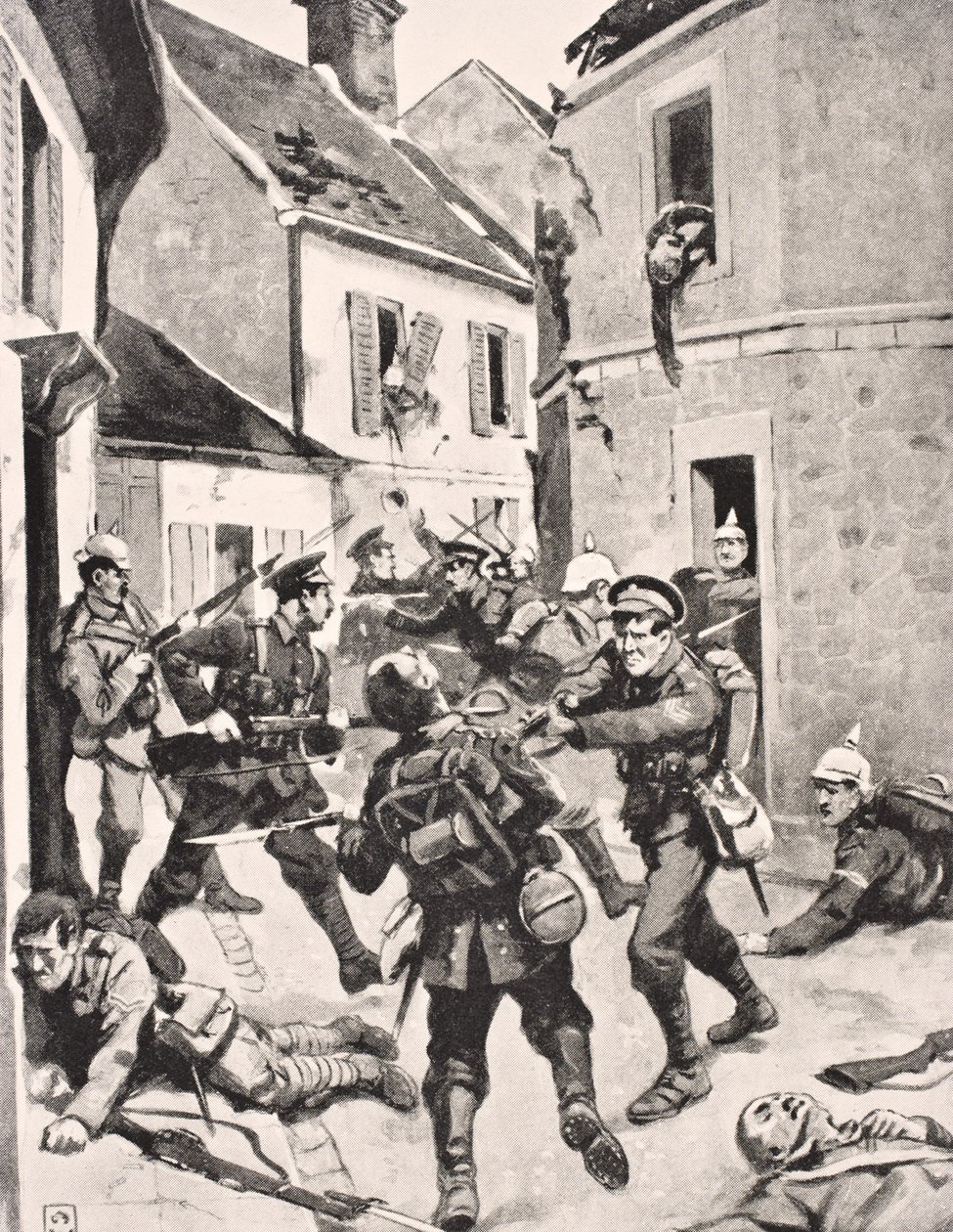 جنود بريطانيون وألمانيون يدا بيد أثناء القتال أثناء اقتحام لوس ، فرنسا 25 سبتمبر 1915 ، من ألبوم The War Illustrated Album deLuxe المنشور في لندن ، 1916 (ليثو) بواسطة مدرسة اللغة الإنجليزية