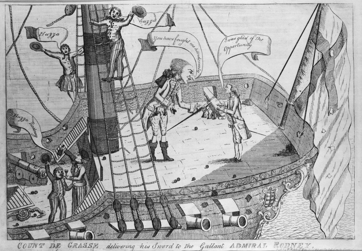 كونت دي غراس يسلم سيفه إلى الأدميرال رودني ، طبعه توماس كولي ، 1782 (النقش) بواسطة مدرسة اللغة الإنجليزية