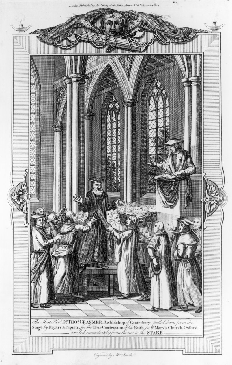 د. توماس كرانمر (1489-1556) رئيس أساقفة كانتربري تراجعت من المنصة من قبل الرهبان والبابويين لاعتراف حقيقي بإيمانه في كنيسة سانت ماري ، أكسفورد وقاد مباشرة إلى القديس بواسطة مدرسة اللغة الإنجليزية