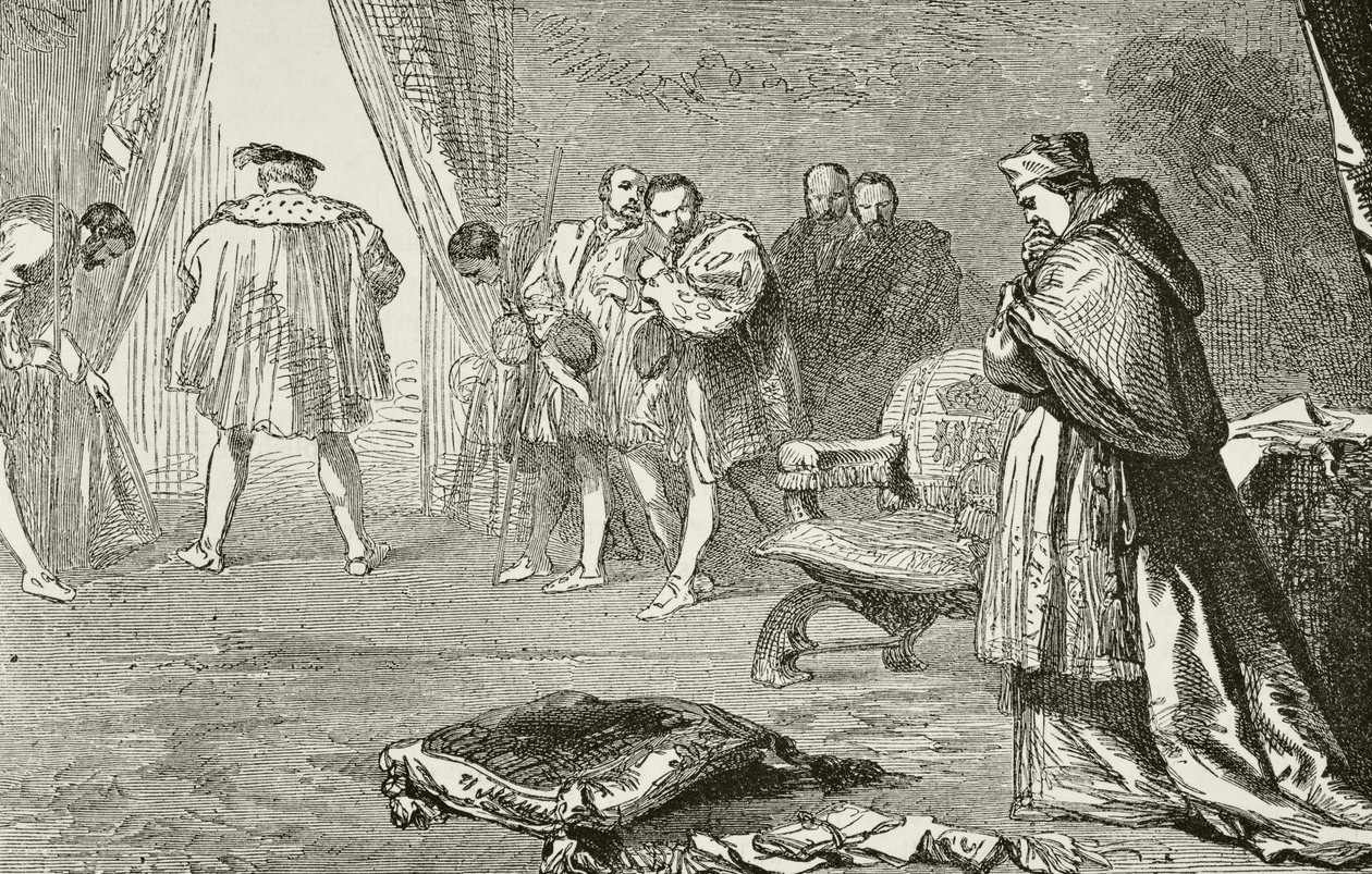 رفض الملك هنري الثامن ملك إنجلترا الكاردينال ولسي في عام 1529 ، من "التاريخ الوطني والمحلي لإنجلترا" بقلم ويليام هيكمان سميث أوبري (1858-1916) المنشور لندن ، c.1890 بواسطة مدرسة اللغة الإنجليزية