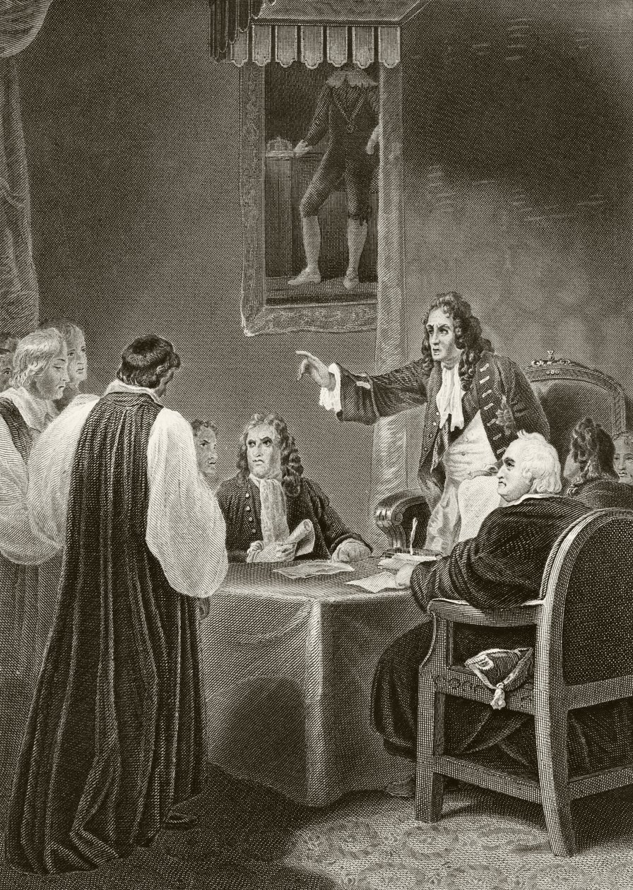 يواجه الملك جيمس الثاني ملك إنجلترا الأساقفة في مجلس الملكة الخاص ، 1688 ، من "التاريخ الوطني والمحلي لإنجلترا" بقلم ويليام هيكمان سميث أوبري (1858-1916) المنشور لندن ، c.1890 بواسطة مدرسة اللغة الإنجليزية