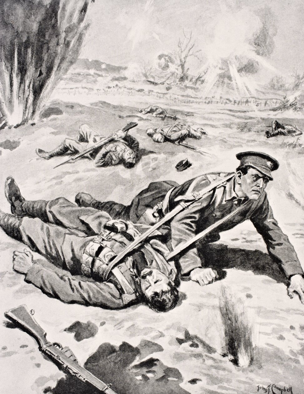 Lance-Corporal Joseph Tombs VC ، مع واحد من أربعة رفاق مصابين أنقذه بالقرب من Armentieres ، فرنسا ، 16 يونيو 1915 ، من `` The War Illustrated Album deLuxe &39;&39; ، المنشور في لندن ، 1916 بواسطة مدرسة اللغة الإنجليزية