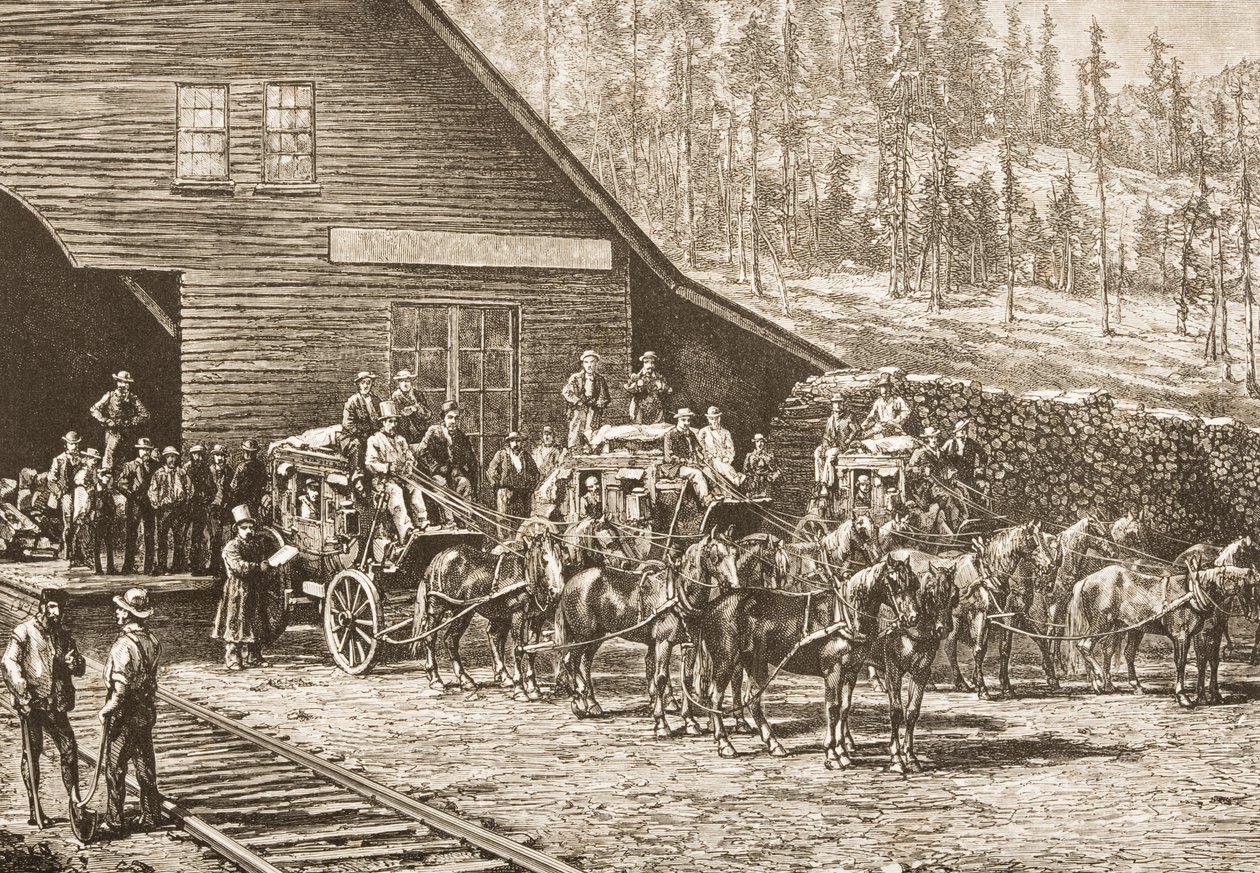 محطة رينو على سكة حديد وسط المحيط الهادئ ، في عام 1870 ، من "الصور الأمريكية" التي نشرتها جمعية المسالك الدينية ، 1876 (النقش) بواسطة مدرسة اللغة الإنجليزية