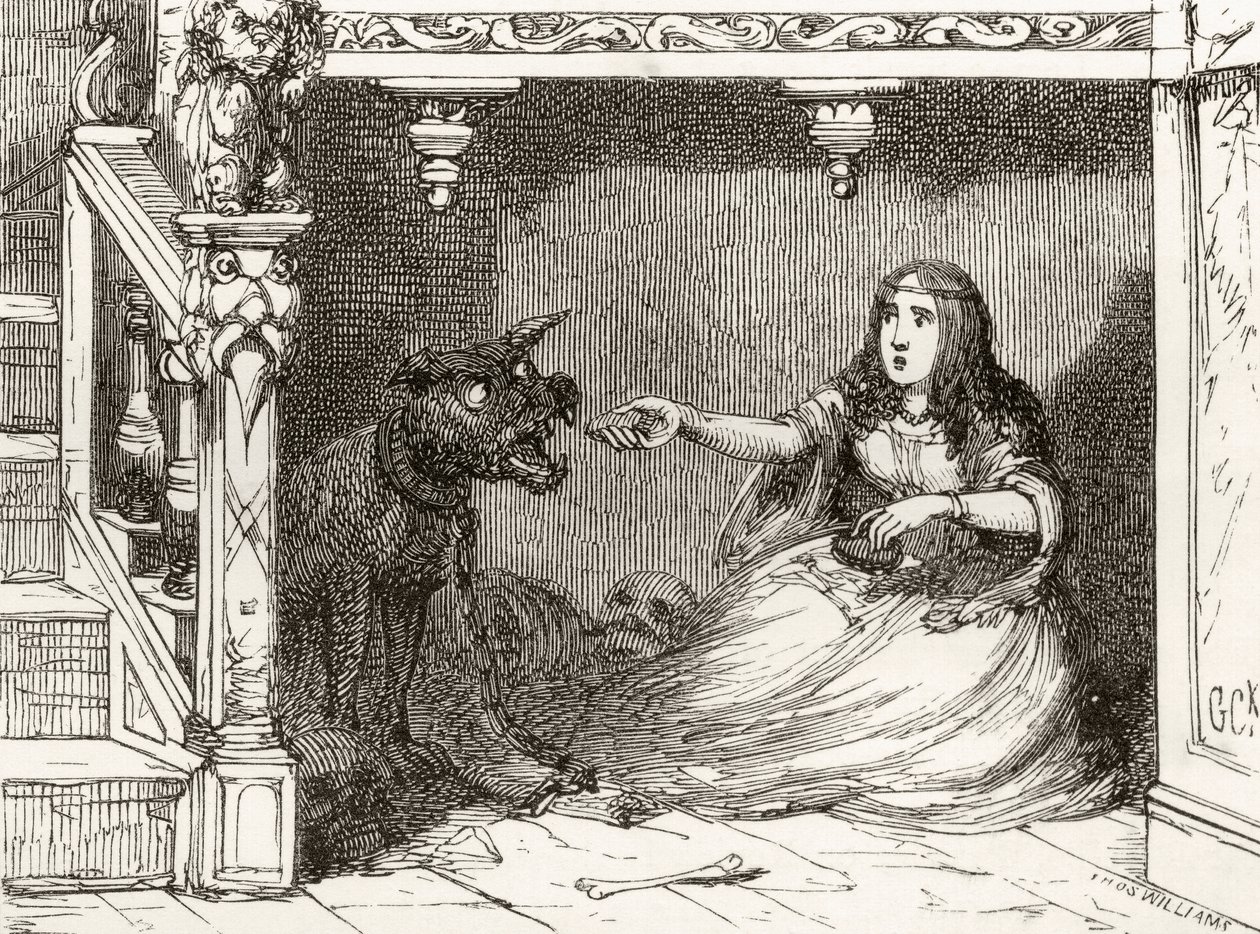 "لقد أعطته كعكة ولفة" ، رسم توضيحي بعد جورج كروكشانك لقصيدة "Bloudie Jacke of Shrewsberrie" ، من "The Ingoldsby Legends or Mirth and Marvels" ، بقلم توماس إنغولدسبي ، نشر بواسطة مدرسة اللغة الإنجليزية