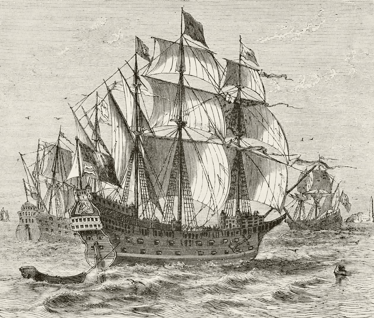 سفينة الحرب الإنجليزية Harry Grace A Dieu ، التي بنيت في 1513 ، من "التاريخ الوطني والمحلي لإنجلترا" بقلم ويليام هيكمان سميث أوبري (1858-1916) نشرت لندن ، c.1890 بواسطة مدرسة اللغة الإنجليزية