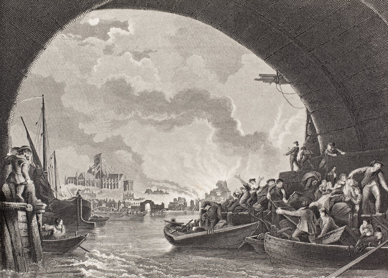 حريق لندن الكبير ، 1666 ، من "معرض الصور التاريخية" ، تم نشره عام 1880 (ليثو) بواسطة مدرسة اللغة الإنجليزية