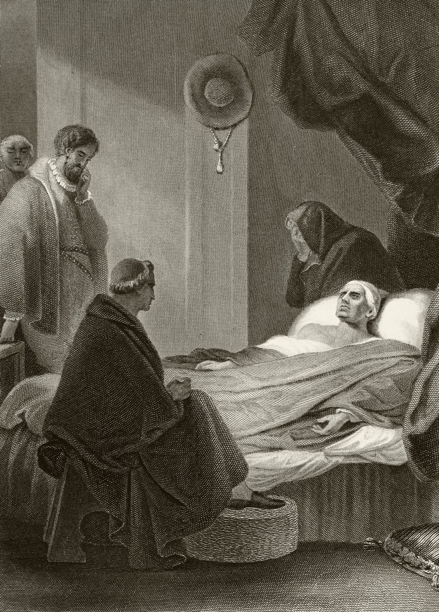وفاة الكاردينال وولسي في دير ليستر ، 29 نوفمبر 1530 ، من "التاريخ الوطني والمحلي لإنجلترا" بقلم ويليام هيكمان سميث أوبري (1858-1916) المنشور لندن ، c.1890 بواسطة مدرسة اللغة الإنجليزية