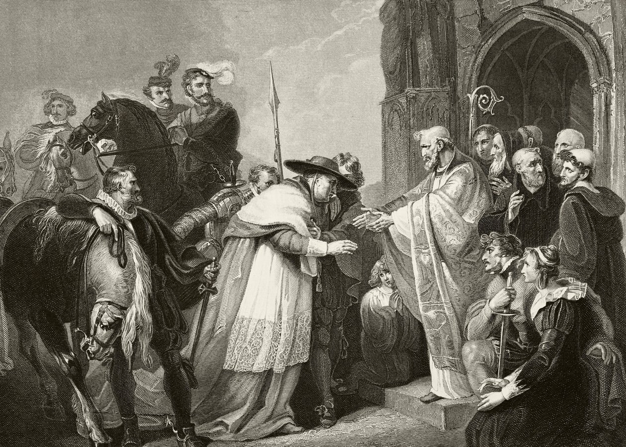 توماس ، الكاردينال Wolsey في دير ليستر بعد مرضه في طريقه إلى لندن في 1530 ، من "التاريخ الوطني والمحلي لإنجلترا" بقلم ويليام هيكمان سميث أوبري (1858-1916) نشر لون بواسطة مدرسة اللغة الإنجليزية