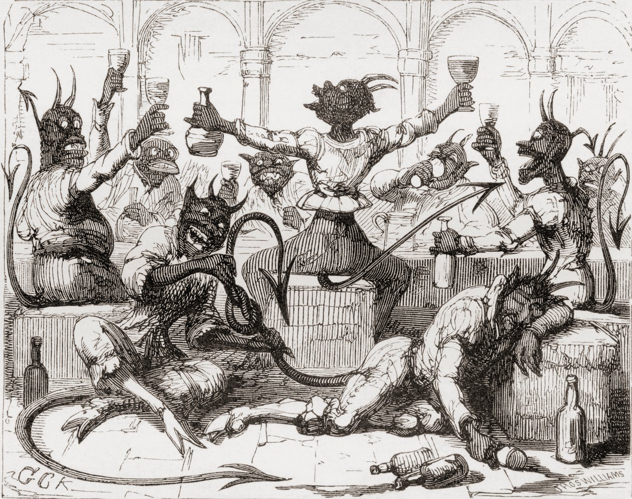 `` بينما يربط Beelzebub عقدة ضخمة في قصته &39;&39; ، رسم توضيحي بعد جورج Cruikshank لقصيدة "The Lay of St. بواسطة مدرسة اللغة الإنجليزية