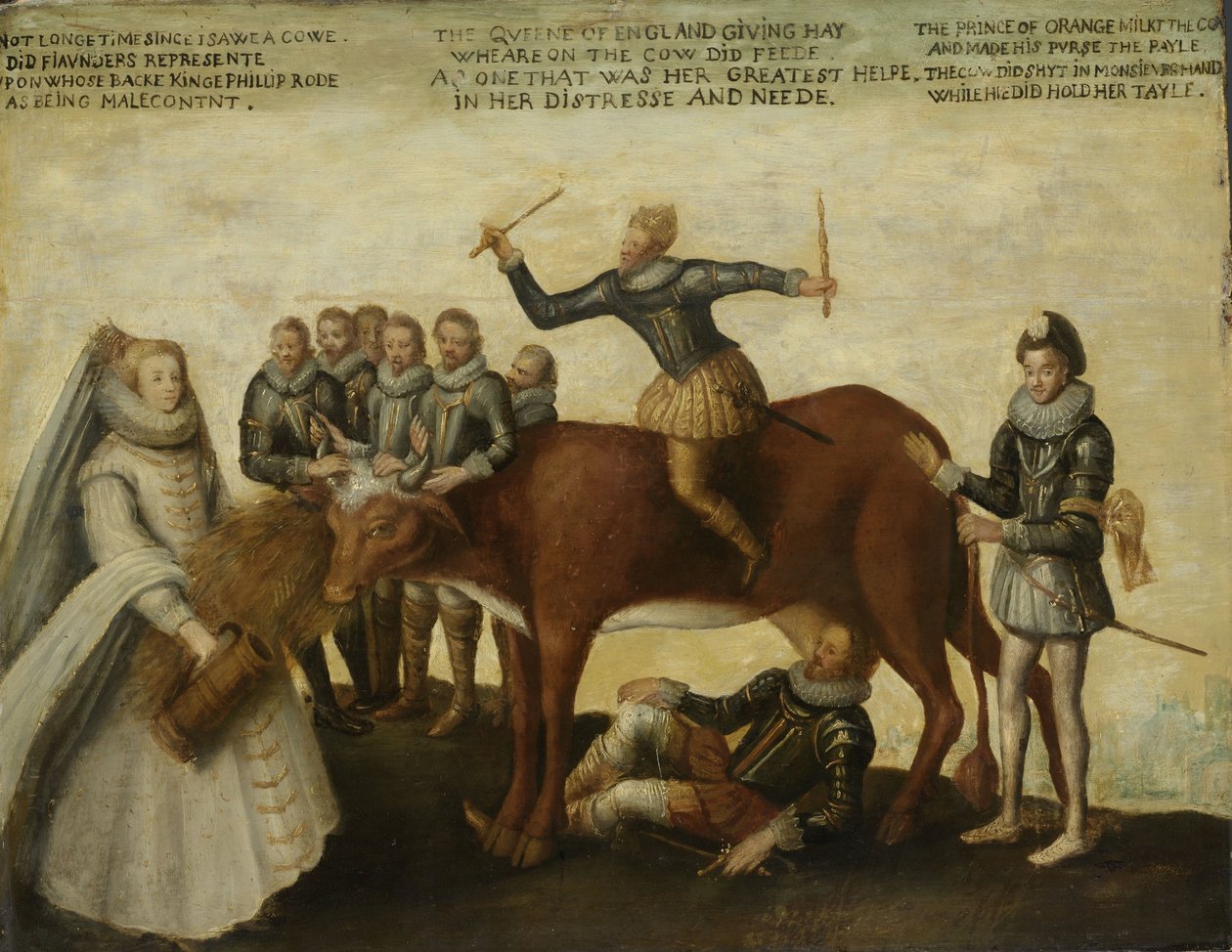 The Dairy Cow: المقاطعات الهولندية ، تمردًا على الملك الإسباني فيليب الثاني ، بقيادة الأمير ويليام من أورانج ، تدخل الولايات العامة الملكة إليزابيث الأولى للمساعدة بواسطة مجهول
