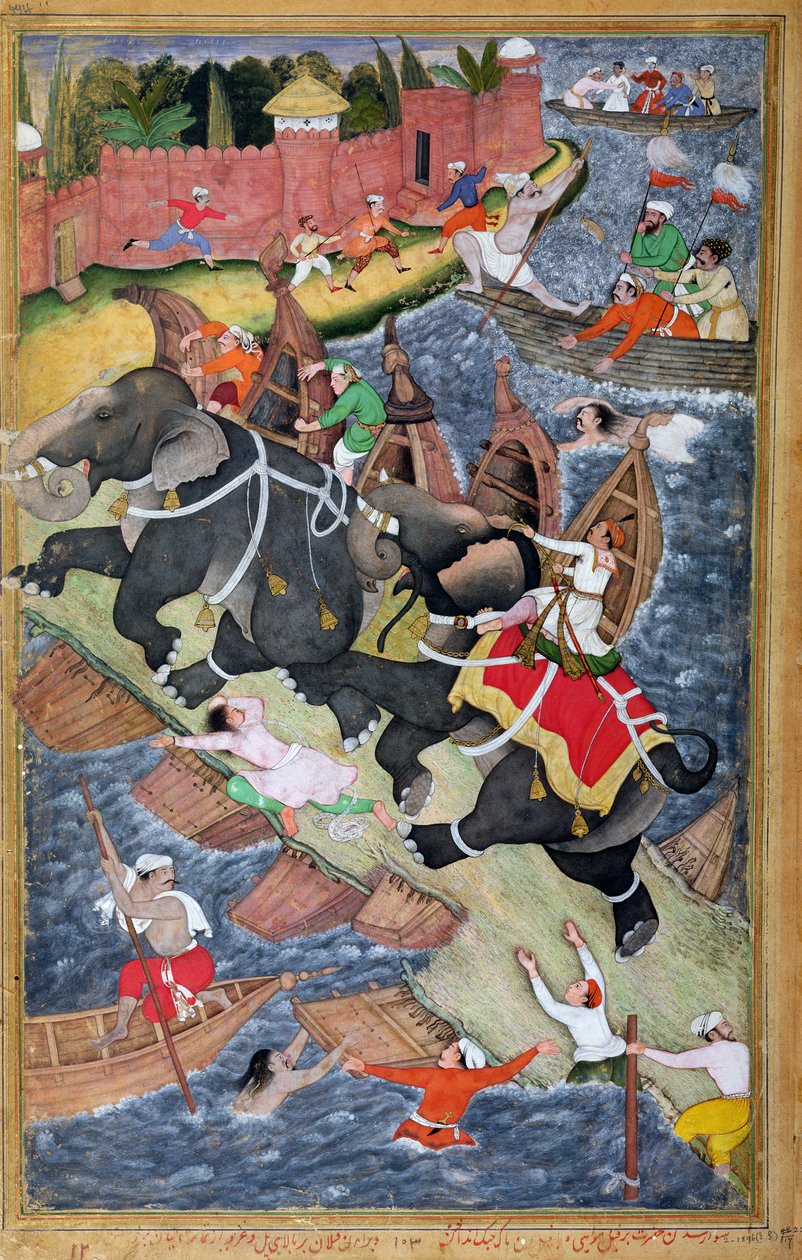 أكبر يروض Savage Elephant ، Hawa&39;i ، خارج الحصن الأحمر في Agra ، صورة مصغرة من &39;Akbarnama&39; من Abul Fazl ، c.1590 (الجانب الأيسر من صفحة مزدوجة مصغرة ، انظر 4042) (gouac بواسطة باساوان
