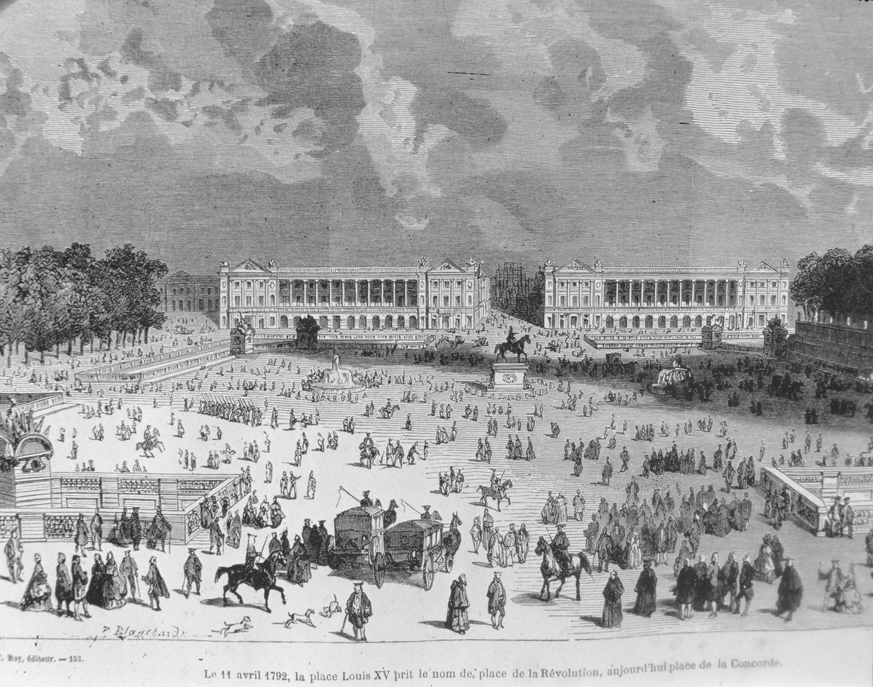 في 11 أبريل 1792 ، تمت إعادة تسمية Place Louis XV إلى Place de la Revolution ويطلق عليه اليوم Place de la Concorde ، التوضيح من "Paris a travers les siecles". المجلد 3. بقلم H. Gourdon de Genouillac ، 188 بواسطة بلانشارد