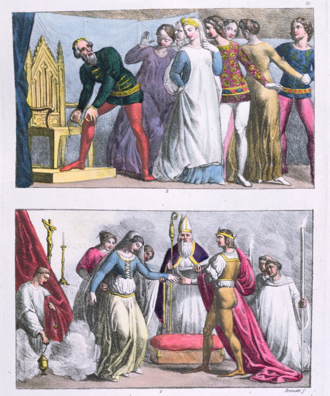 تأسيس وسام الرباط من قبل إدوارد الثالث (1312-77) في عام 1348 وزواج هنري الأول (1068-1135) ، من "Le Costume Ancien et Moderne" لجول فيراريو ، c.1820 (نقش الألوان) بواسطة G. و Raineri Bramatti