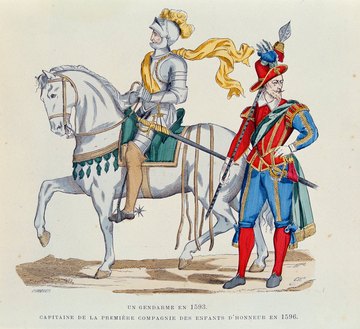 درك في عام 1593 وكابتن من الشركة الأولى لـ "Enfants d&39;Honneur" في عام 1596 ، توضيح من "Costumes Civils et Militaires Francais travers les siecles" بقلم أوغستين تشالاميل ، 1881 ( بواسطة Choderich