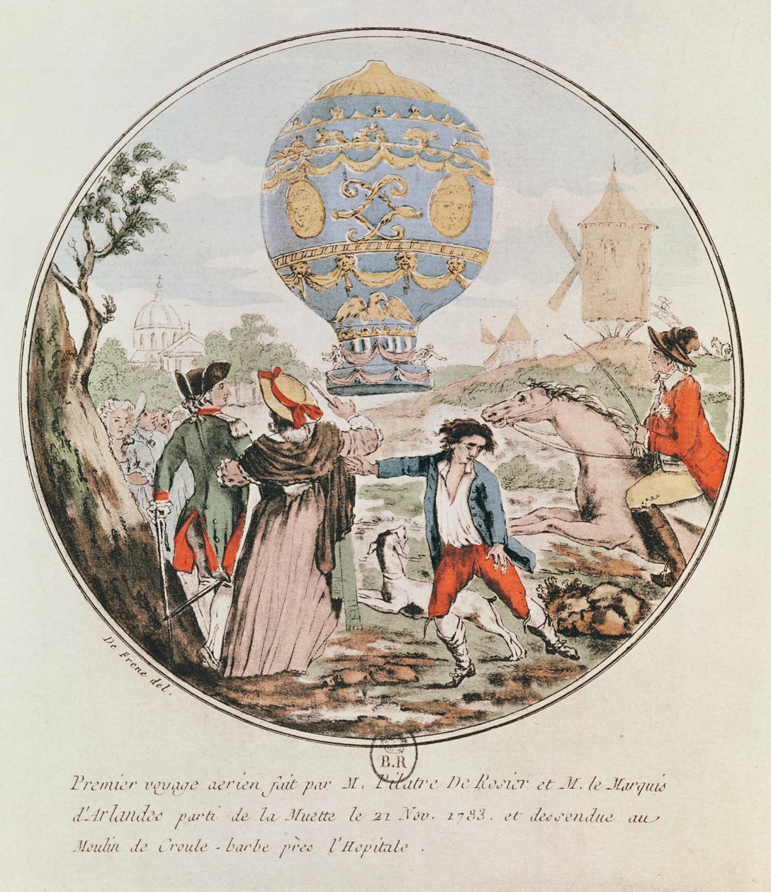 الرحلة الجوية الأولى للمسيح فرانسوا بيلاتر دي روزييه (1754-85) وماركيز أرلانديز (1742-1809) من مويت إلى الطاحونة الهوائية في كرول باربي ، 21 نوفمبر 1783 بواسطة دي فرين