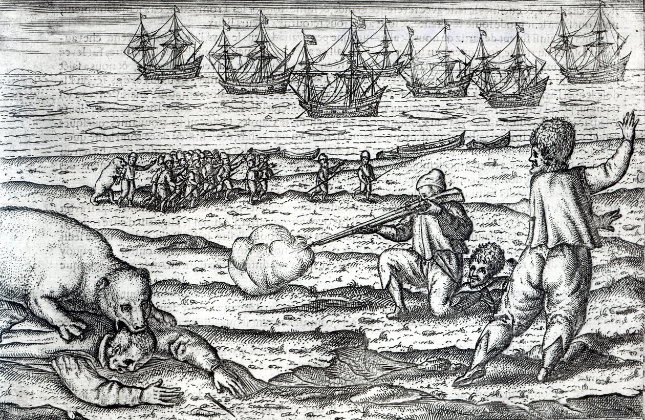 تعرض البحارة للهجوم بالدببة القطبية ، أو الرسم التوضيحي Diarium Nauticum ، أو الوصف الحقيقي لثلاث رحلات رائعة ... &39;بواسطة Gerrit de Veer ، 1598 (النقش) بواسطة المدرسة الهولندية