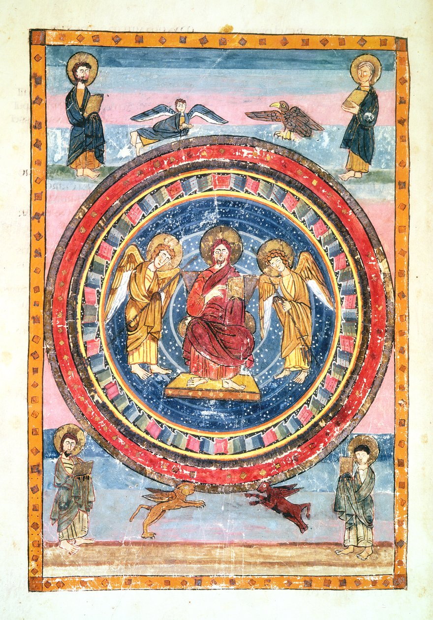 Codex Amiatinus Ms 1 f.796v المسيح في الجلالة مع الملائكة والإنجيليين الأربعة ، أعدم في جارو ، ويرماوث ، أوائل القرن الثامن بواسطة مدرسة اللغة الإنجليزية