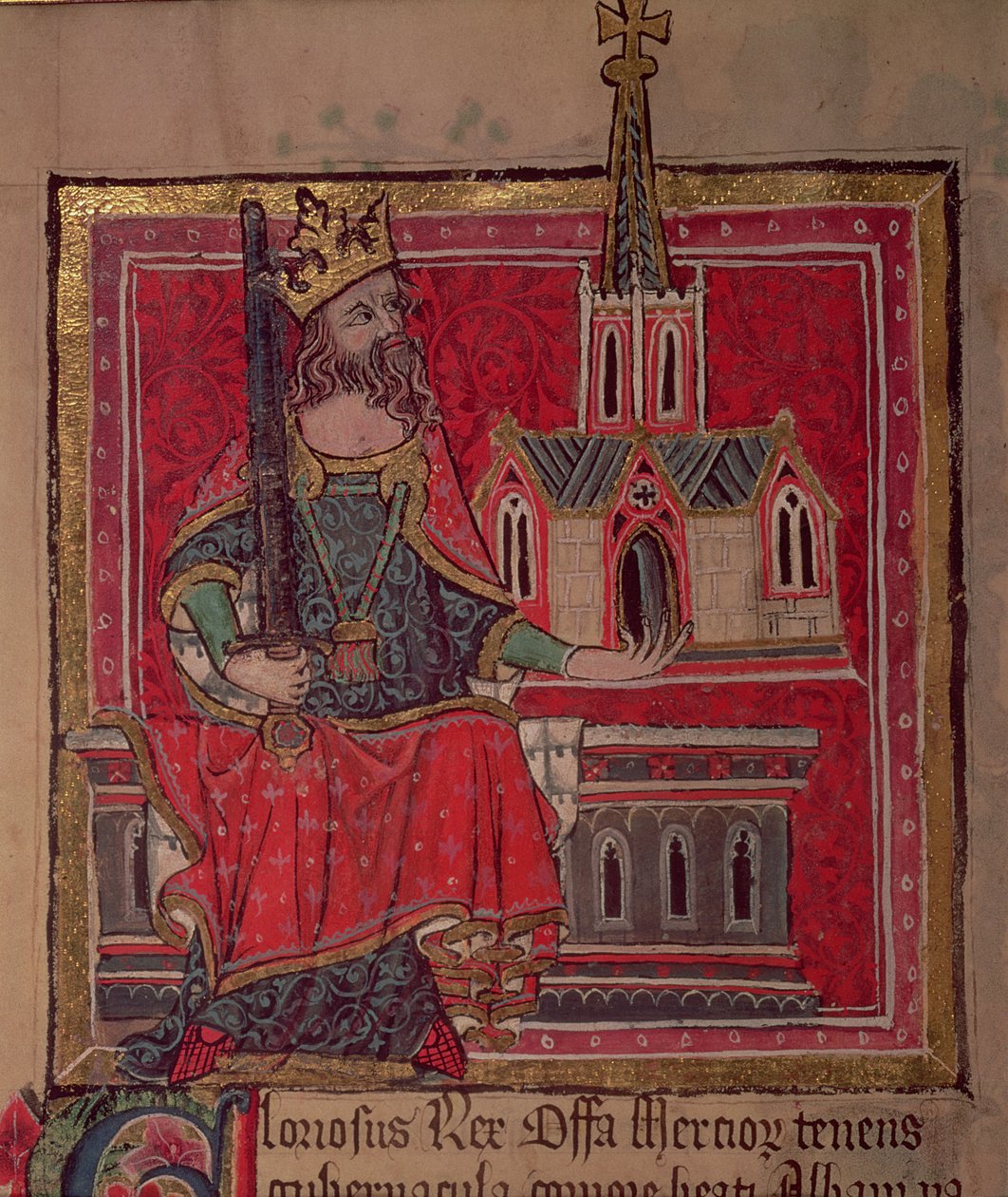 كوت نيرو D VIII Offa ، ملك ميرسيا ، من كتاب المستفيدين من دير سانت ألبانز ، c.1380 بواسطة مدرسة اللغة الإنجليزية