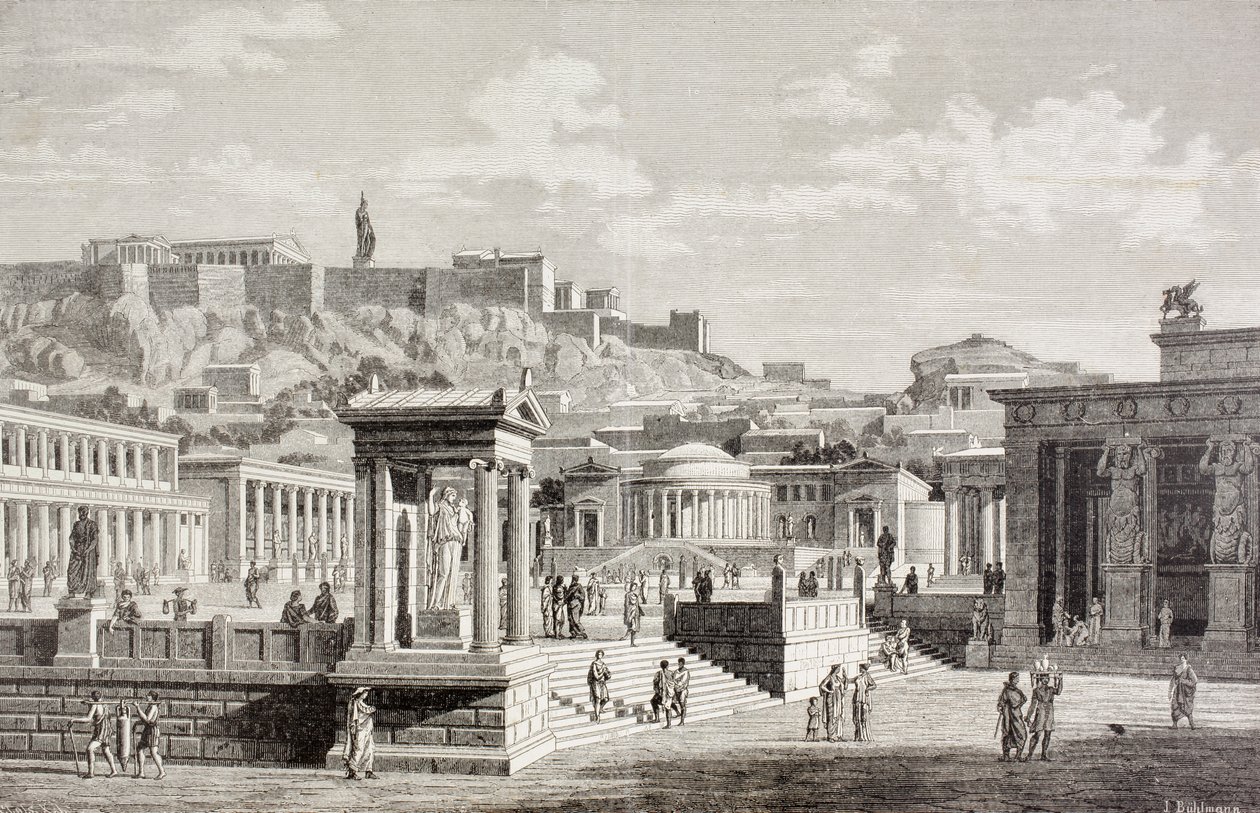 منظر خيالي لسوق أجورا في أثينا ، اليونان القديمة ، من "El Mundo Ilustrado" ، نشر برشلونة ، 1880 (ليثو) بواسطة المدرسة الأوروبية