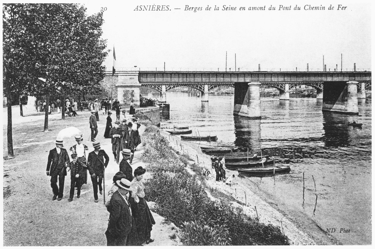 Asnieres ، ضفاف نهر السين وجسر السكة الحديد ، c.1900 بواسطة مصور فرنسي
