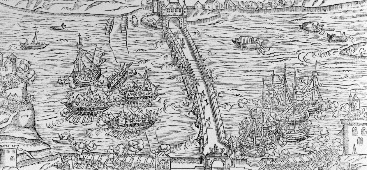 إعادة بناء لمعركة بحرية تم إجراؤها على نهر السين أمام هنري الرابع في عام 1596 ، التوضيح من "Discours de la Ioyeuse et triomphante entree de Henry IIII faicte en son ville de Rouën" بواسطة المدرسة الفرنسية