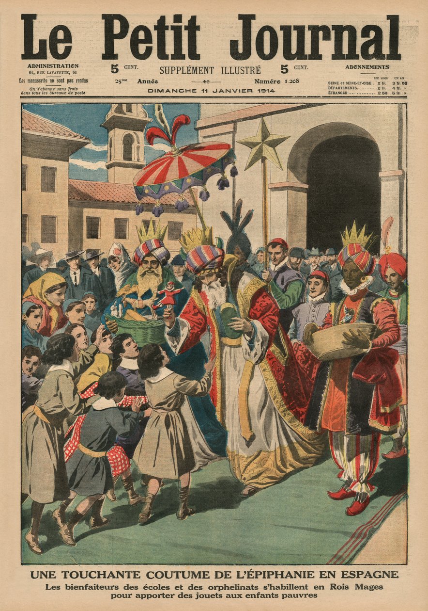 عرف عيد الغطاس الملامس في إسبانيا ، يرتدي المستفيدون من المدارس ودور الأيتام ملابس مثل Magi وهي تقدم ألعابًا للأطفال الفقراء ، صورة الغلاف الأمامي من `` Le Petit Journal &39;&39; ، ملحق illustre ، 1 بواسطة المدرسة الفرنسية