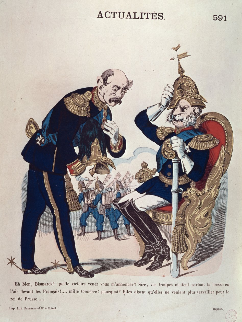 "آه جيد ، بسمارك! أي انتصار أتيت ليخبرني عن ... "، كاريكاتير من القيصر فيلهلم (1797-1888) من بروسيا وأوتو فون بسمارك (1815-1898) المستشار البروسي ، c.1870 (لون ليثو بواسطة المدرسة الفرنسية