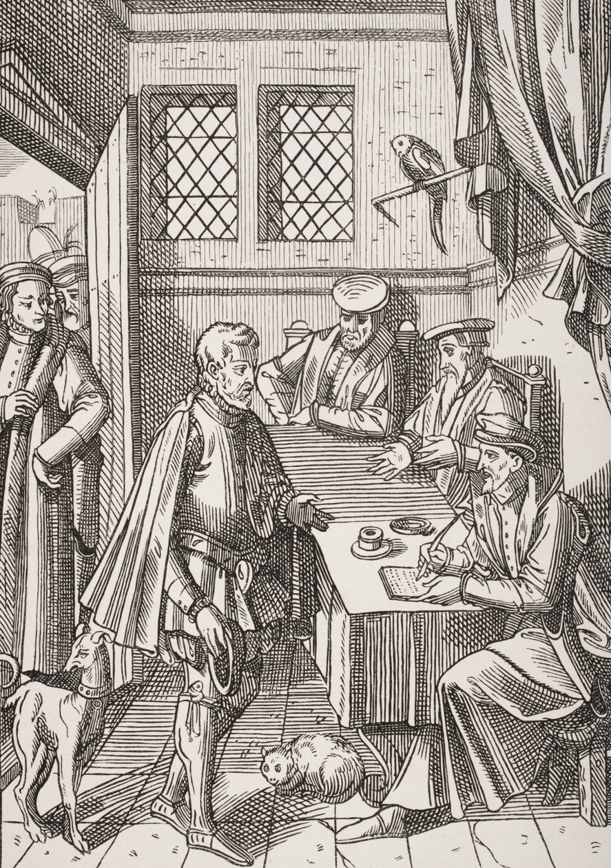 Bailliage أو Court of the King&39;s Bailiff ، فاكس من نقش خشبي في "Praxis Rerum Civilium" بواسطة Josse Damhoudere (1507-81) من "Le Moyen Age et La Renaissance" بواسطة Paul Lacroix (1806-84) publ بواسطة المدرسة الفرنسية