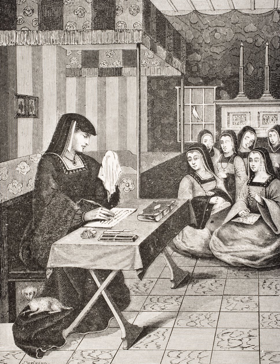 محكمة سيدات الملكة آن بريتاني (1477-1514) ، بعد مصغر من القرن السادس عشر من "Epistres Envoyees au Roi" ، من "Le Moyen Age et La Renaissance" بواسطة Paul Lacroix (1806-84) نشر 184 بواسطة المدرسة الفرنسية