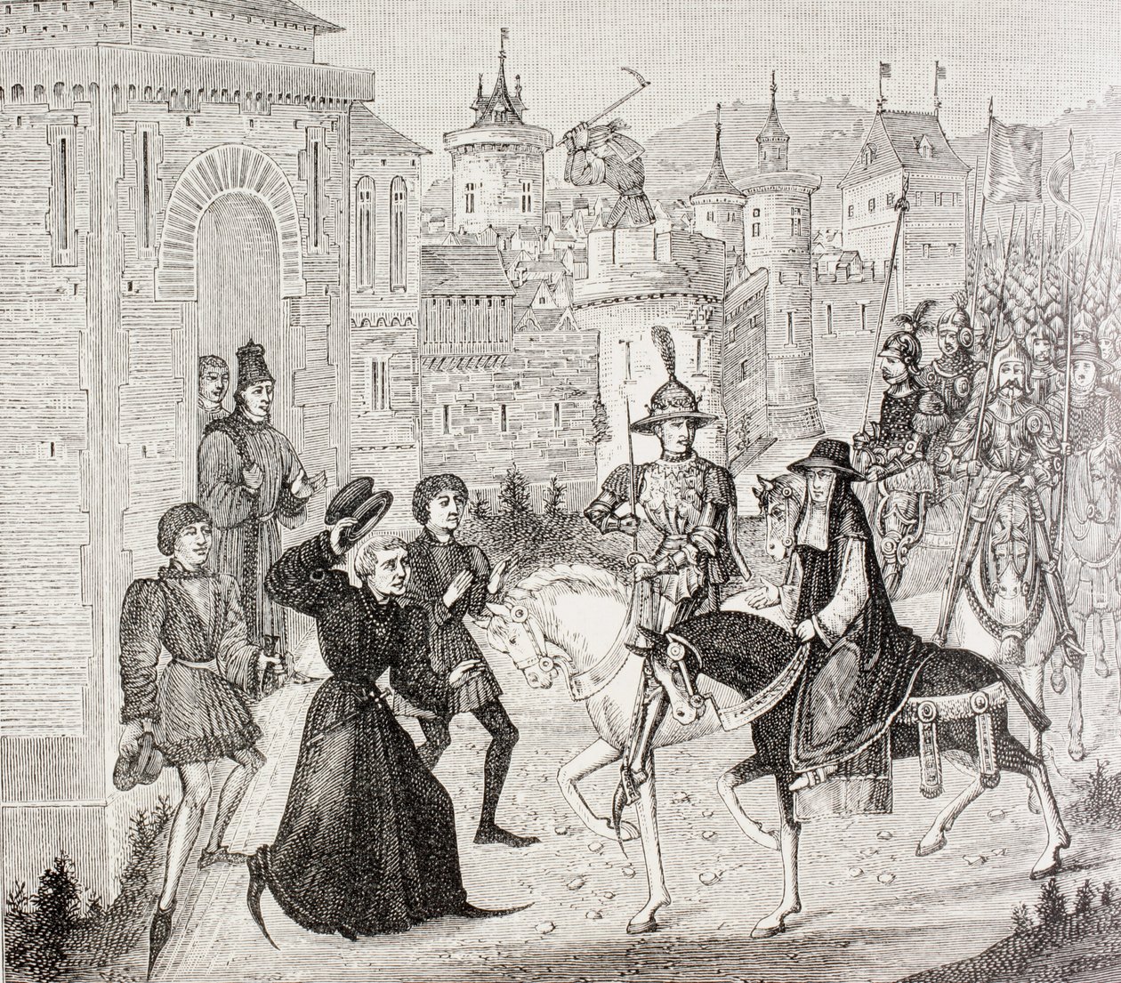 دخول لويس الثامن والمندوب البابوي ، الكاردينال سانت أنجيلو إلى أفينيون في عام 1226 ، من "الحياة العسكرية والدينية في العصور الوسطى" بقلم بول لاكروا ، لندن المنشورة 1880 بواسطة المدرسة الفرنسية