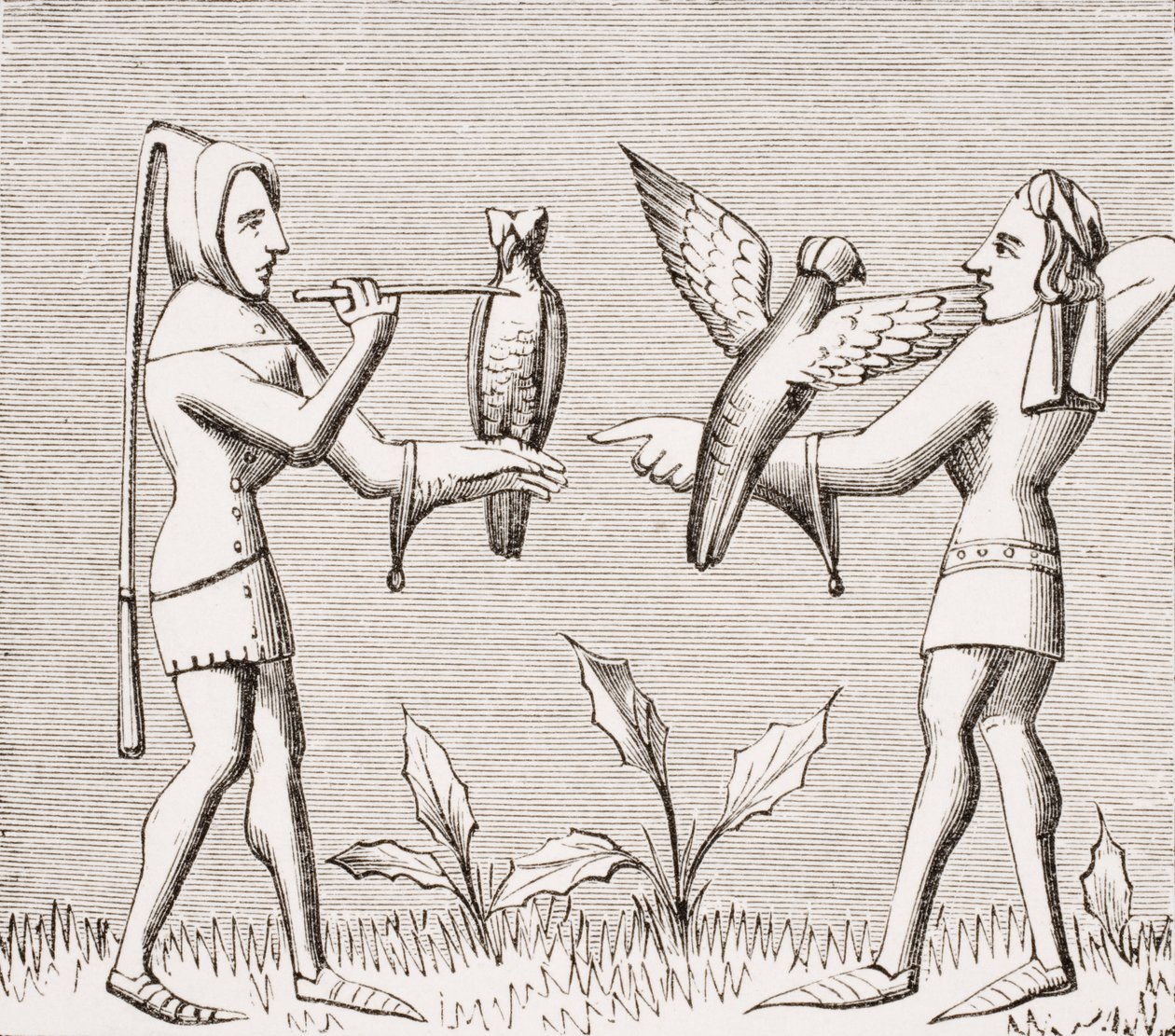 الصقور يلبسون طيورهم ، استنساخ صورة مصغرة في مخطوطة القرن الرابع عشر &39;Livre de Roy du Modus&39; بواسطة Henri de Ferrieres ، من "Le Moyen Age et La Renaissance" بواسطة Paul Lacroix (1806-84 بواسطة المدرسة الفرنسية