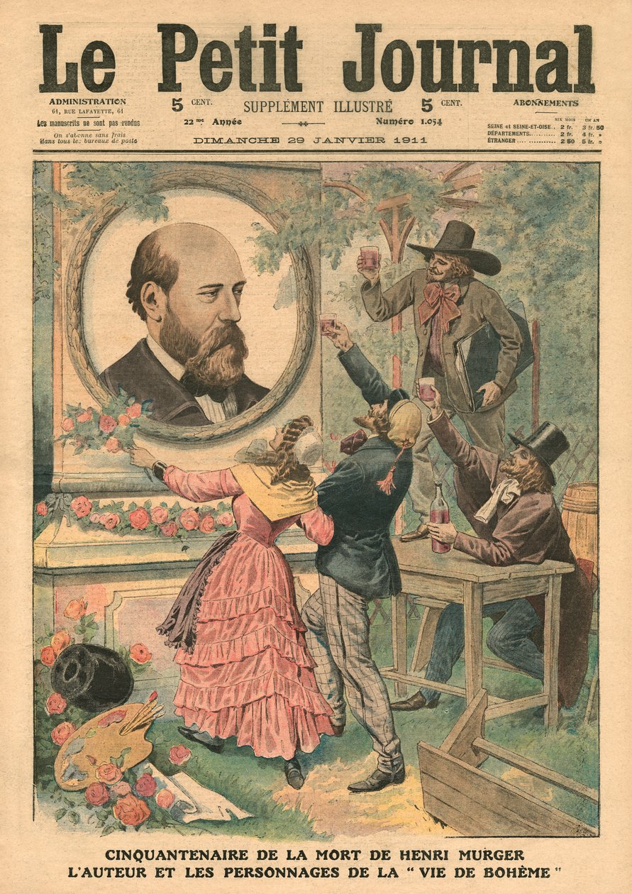 الذكرى الخمسون لوفاة هنري مورغر ، مؤلف وشخصيات "La Vie de Boheme" ، صورة توضيحية من "Le Petit Journal" ، ملحق illustre ، 29 يناير 1911 بواسطة المدرسة الفرنسية