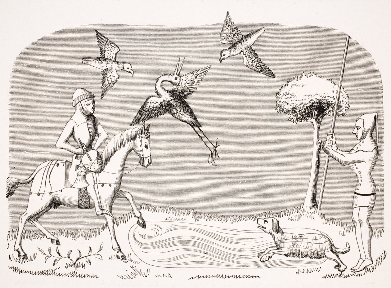 هيرون هوكينج ، استنساخ صورة مصغرة في مخطوطة القرن الرابع عشر `` Livre de Roy du Modus &39;&39; ، بقلم هنري دي فيريريس ، من "Le Moyen Age and La Renaissance" بقلم بول لاكروا (1806-1884) المنشور عام 1847 بواسطة المدرسة الفرنسية