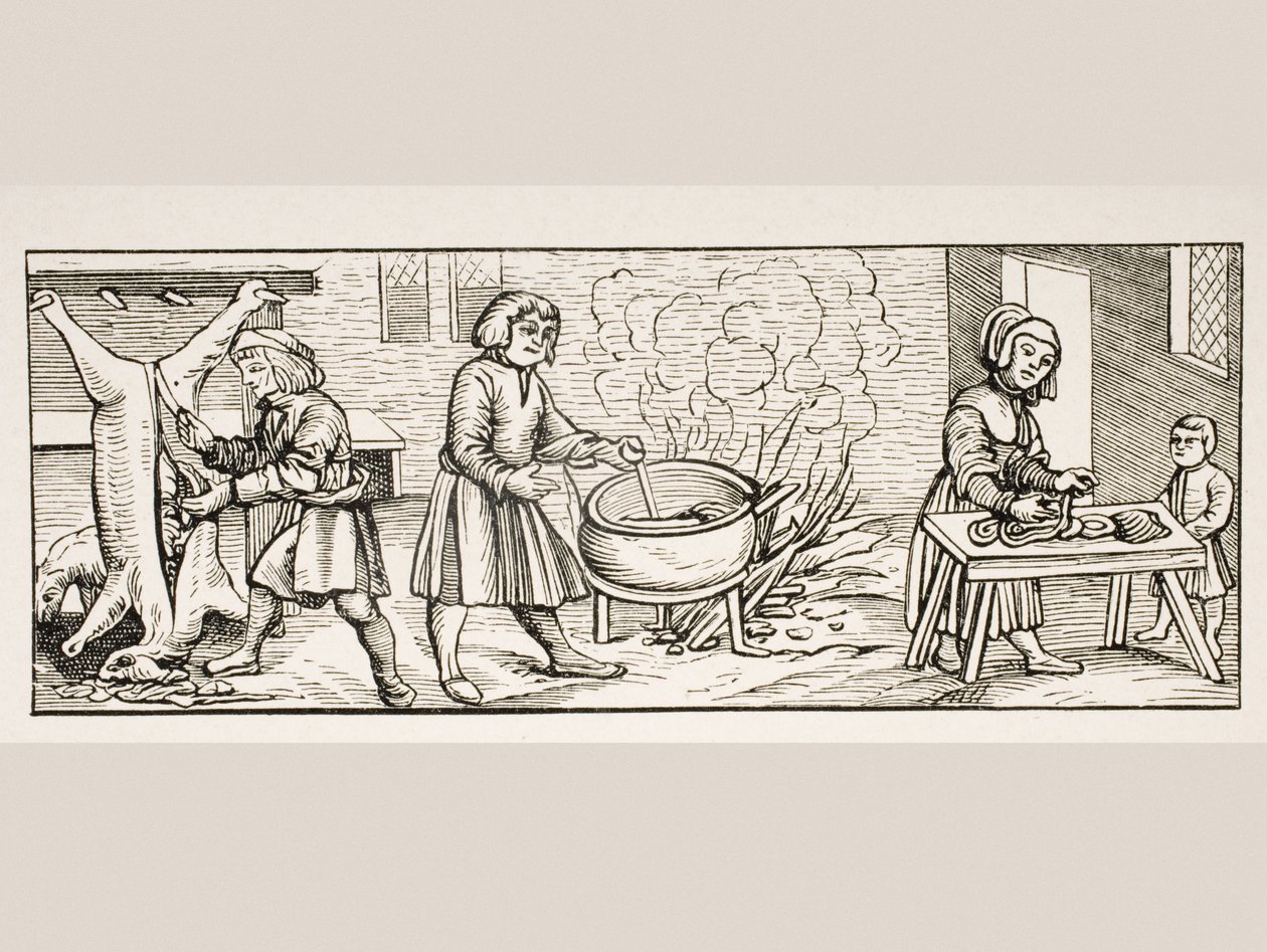 الجزء الداخلي من المطبخ ، بعد قطع خشبية في "Calendarium Romanum" لجان Staeffler ، طبع Tubingen ، ألمانيا ، 1518 ، من "Le Moyen Age et La Renaissance" بواسطة Paul Lacroix (1806-84) نشر عام 1847 (ليث بواسطة المدرسة الفرنسية