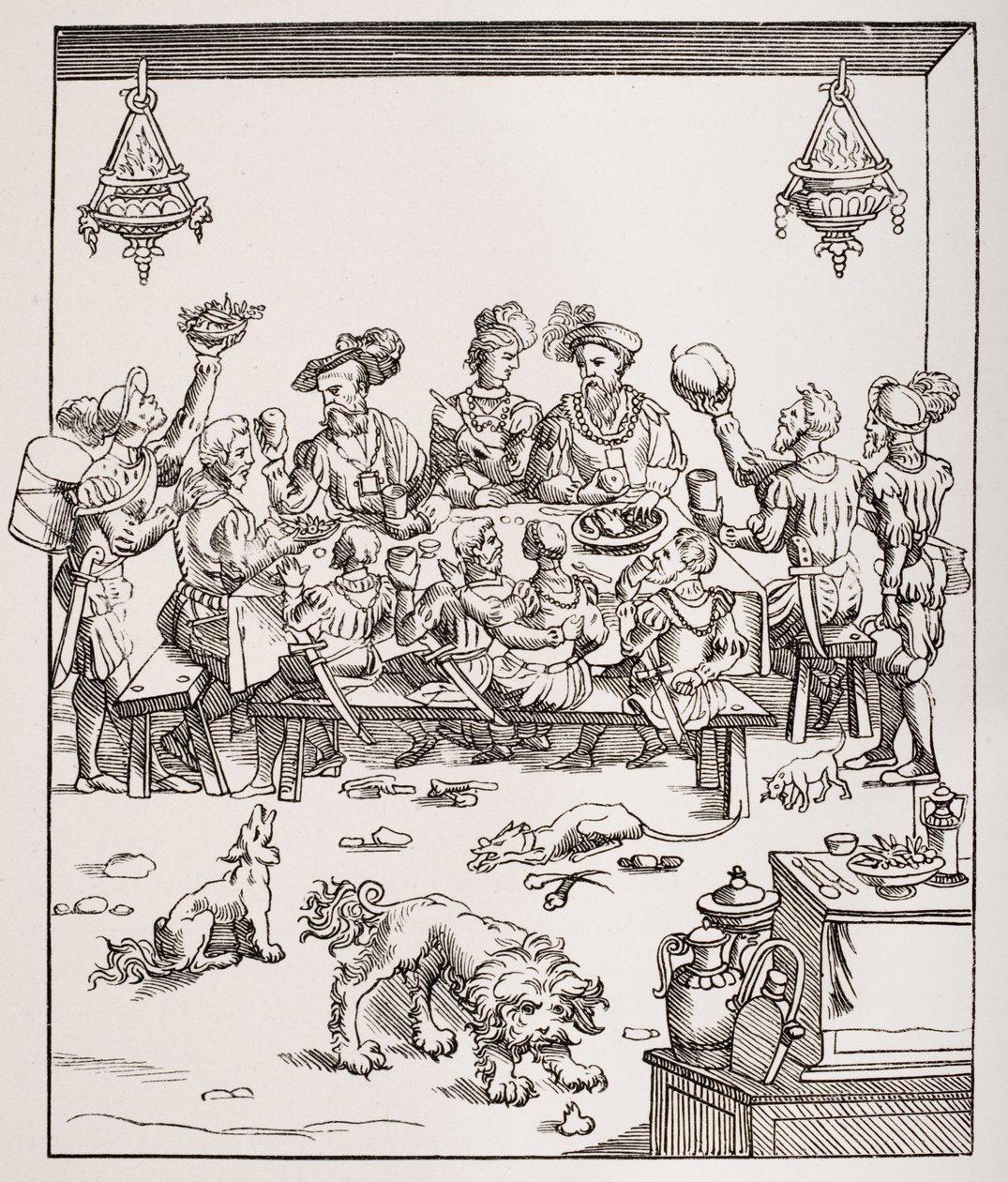 Issue de Table ، بعد قطع خشبية في "Banchetti Compisitioni di Vivende" بواسطة Christoforo di Messisburgo ، تم نشر Ferrara ، 1549 ، من "Le Moyen Age et La Renaissance" بواسطة Paul Lacroix (1806-84) بواسطة المدرسة الفرنسية