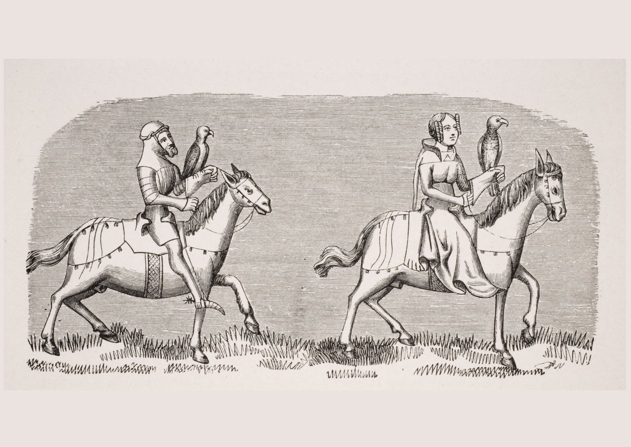سيدة تباشر الصقور ، استنساخ صورة مصغرة في مخطوطة القرن الرابع عشر &39;Livre de Roy du Modus&39; بواسطة Henri de Ferrieres ، من "Le Moyen Age et La Renaissance" بواسطة Paul Lacroix (1806-84) publ بواسطة المدرسة الفرنسية